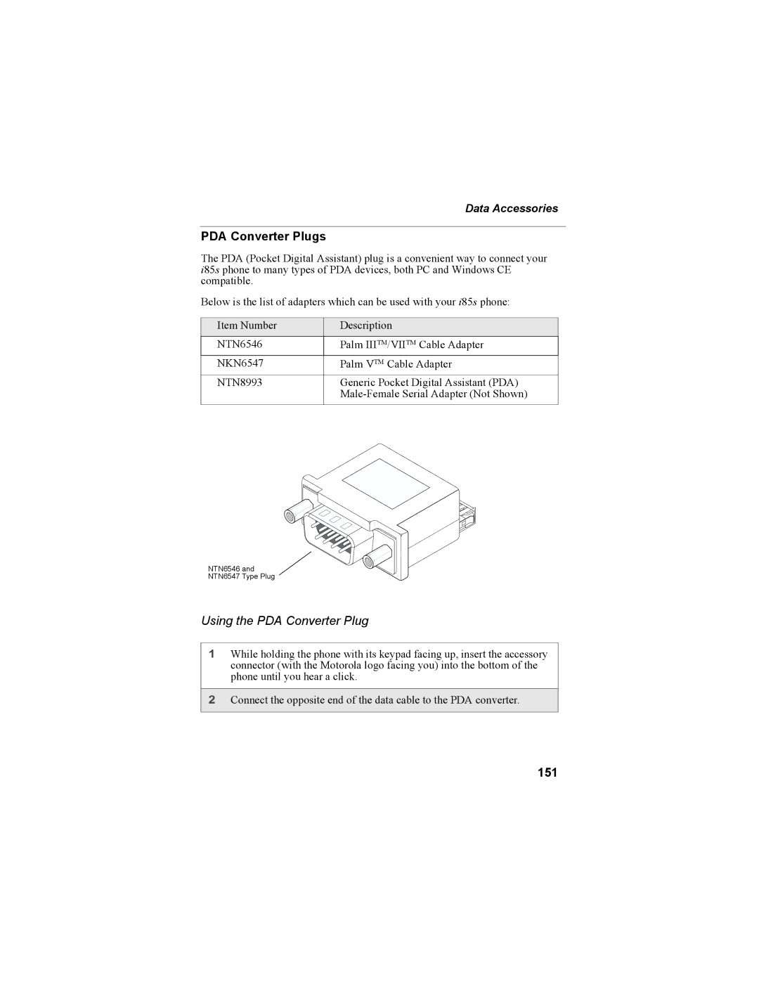 Motorola NTN9468-B manual PDA Converter Plugs, Using the PDA Converter Plug, 151 