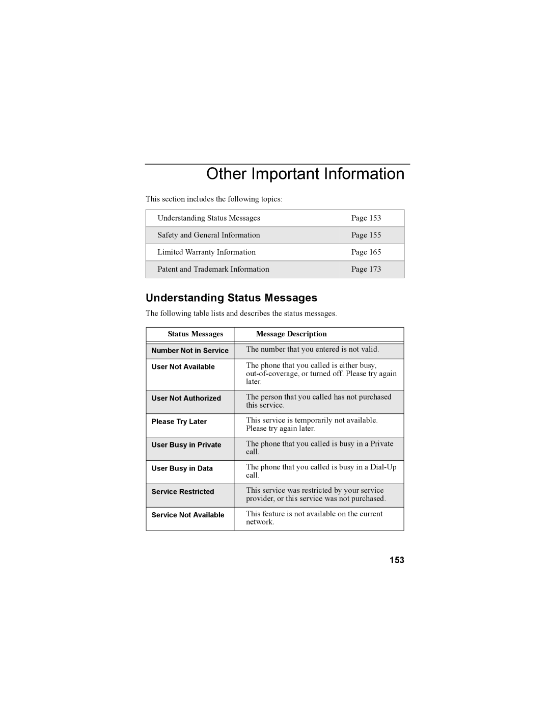 Motorola NTN9468-B Other Important Information, Understanding Status Messages, 153, Status Messages Message Description 