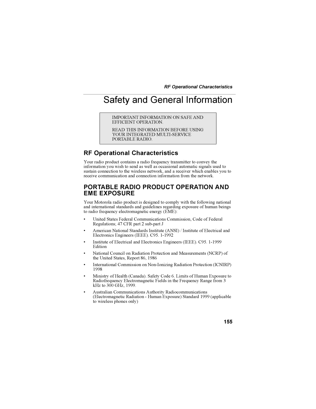 Motorola NTN9468-B manual Safety and General Information, RF Operational Characteristics, 155 