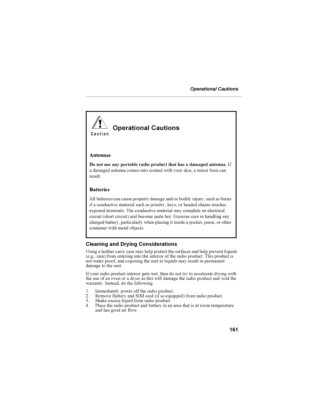 Motorola NTN9468-B manual Operational Cautions, Cleaning and Drying Considerations, 161 