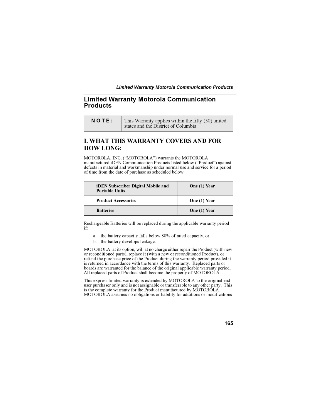 Motorola NTN9468-B manual Limited Warranty Motorola Communication Products, T E, 165 