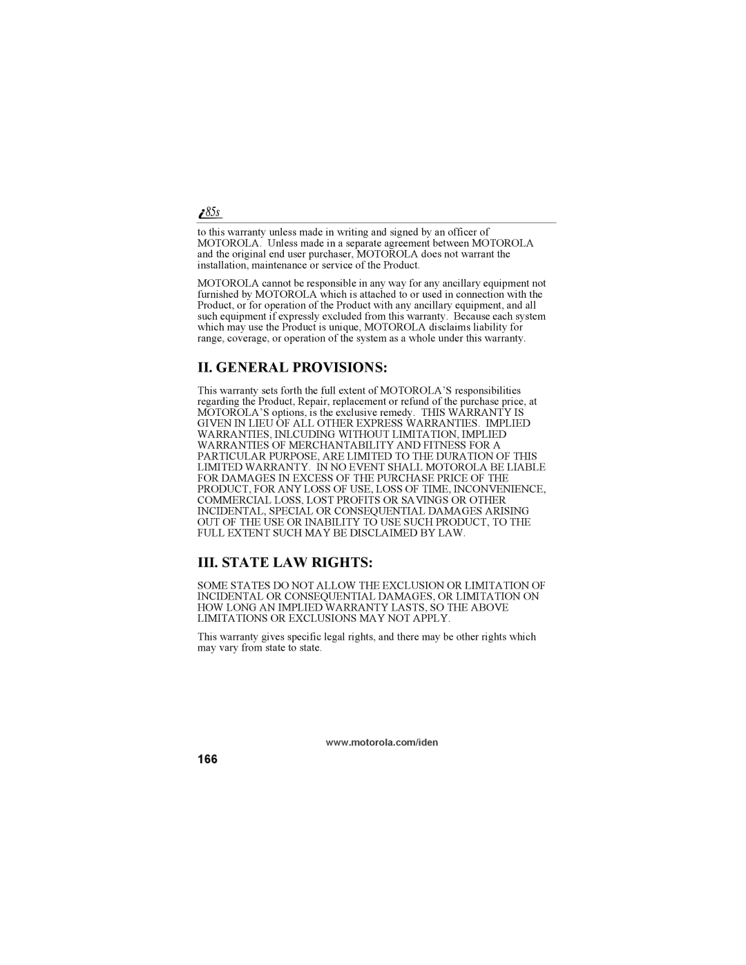 Motorola NTN9468-B manual II. General Provisions, 166 