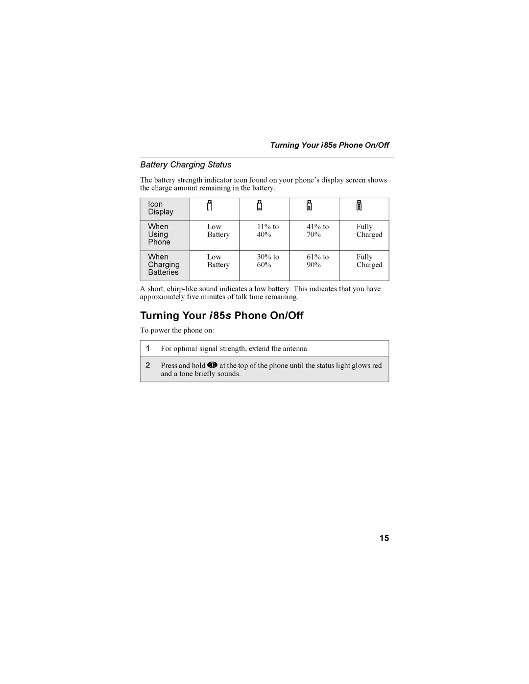 Motorola NTN9468-B manual Turning Your i 85s Phone On/Off, Battery Charging Status, Turning Your i85s Phone On/Off 