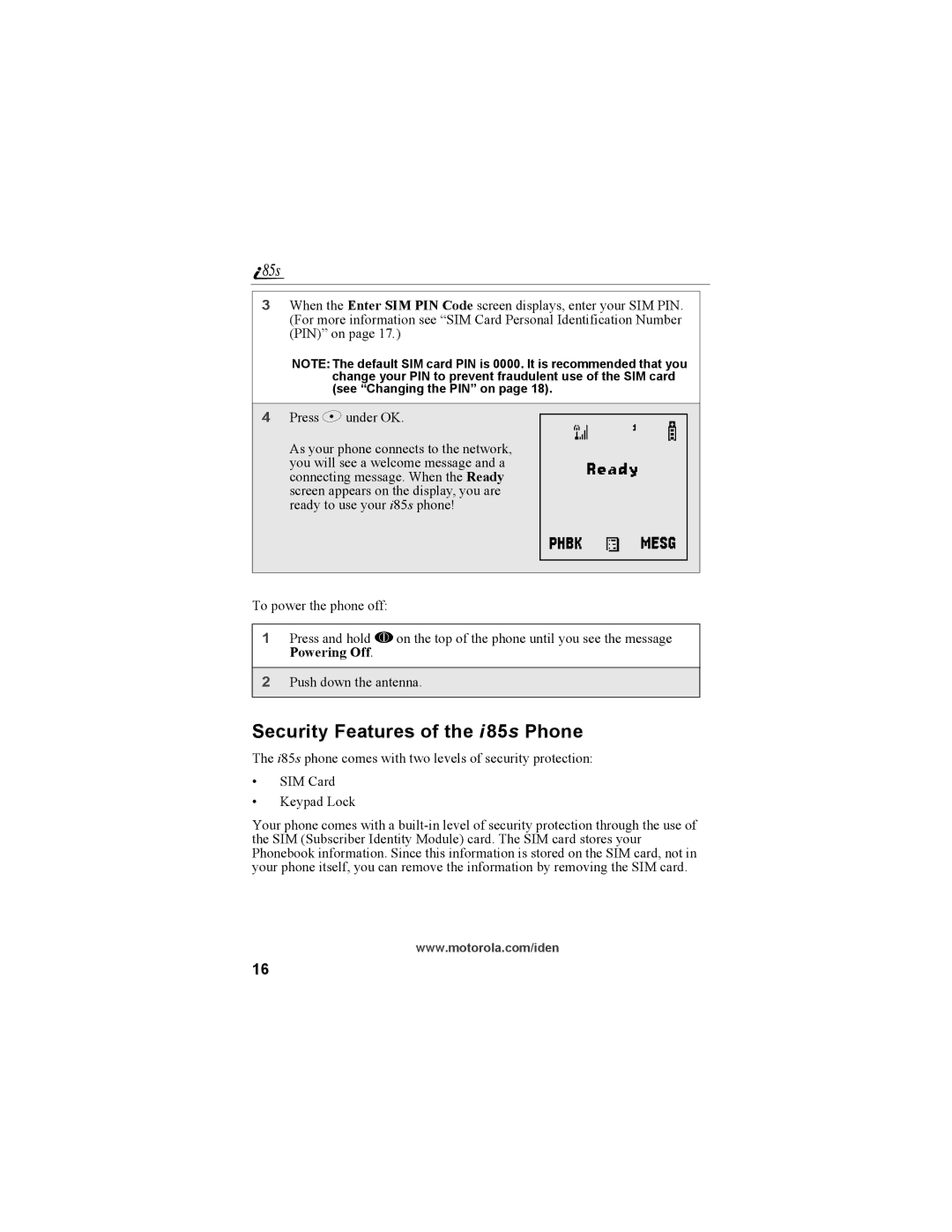 Motorola NTN9468-B manual Security Features of the i 85s Phone 