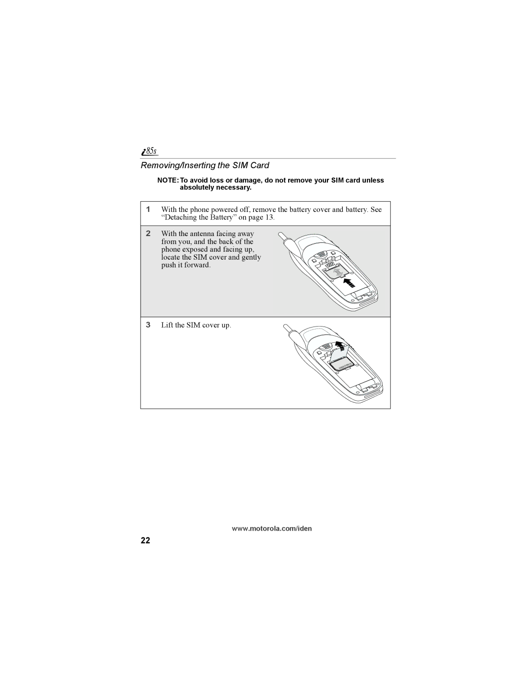 Motorola NTN9468-B manual Removing/Inserting the SIM Card 