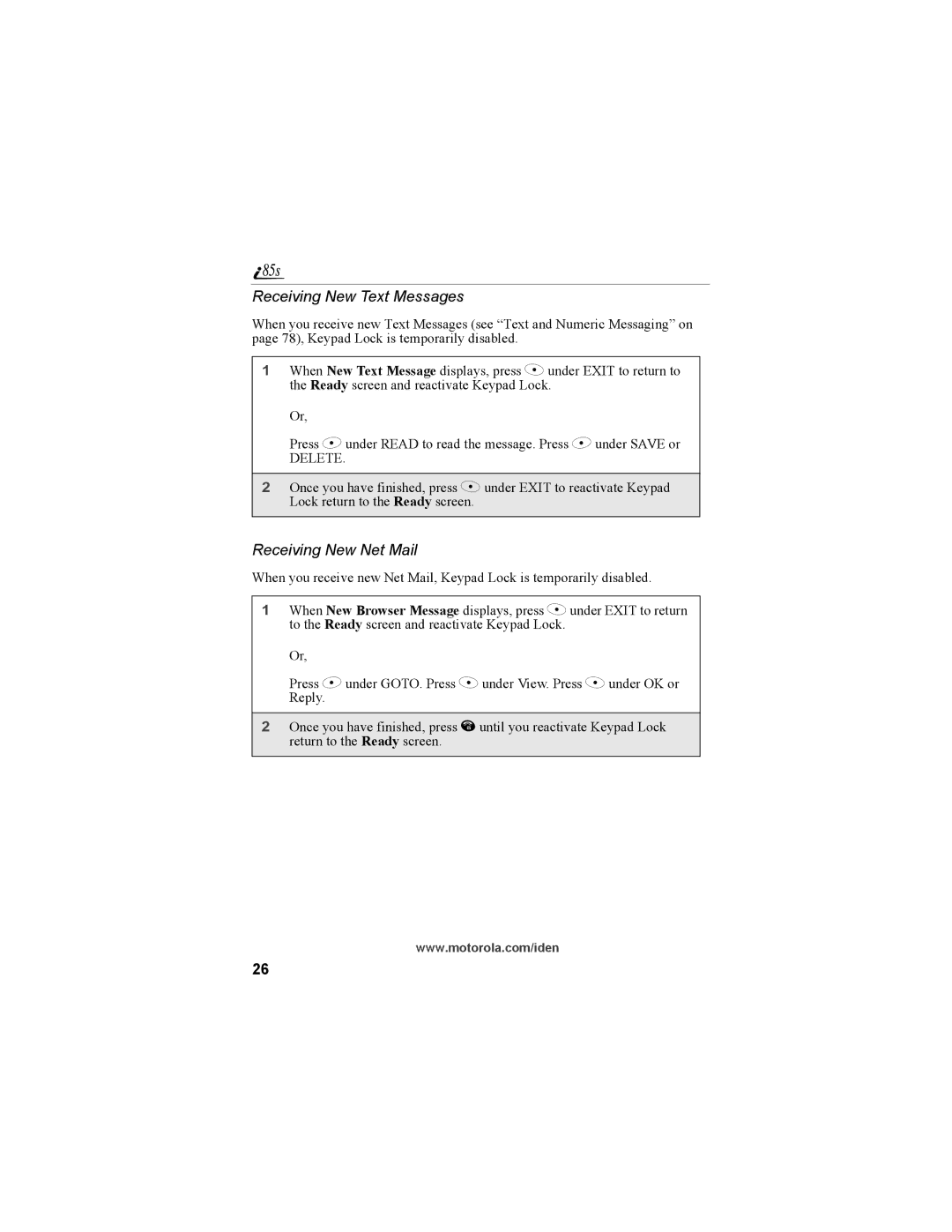 Motorola NTN9468-B manual Receiving New Text Messages, Receiving New Net Mail 