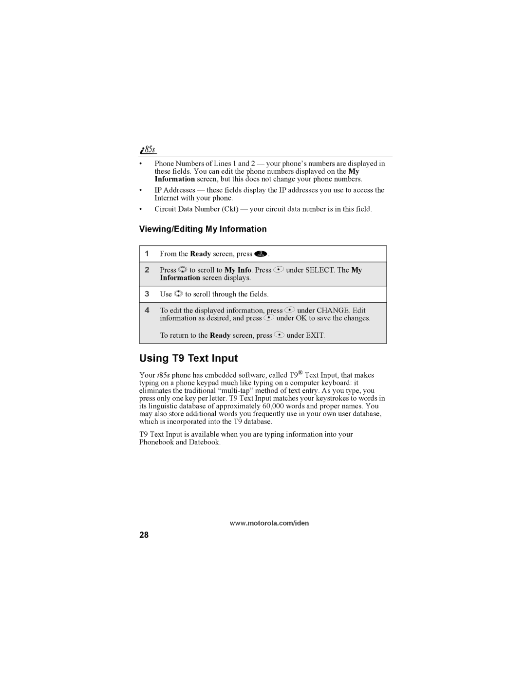 Motorola NTN9468-B manual Using T9 Text Input, Viewing/Editing My Information 