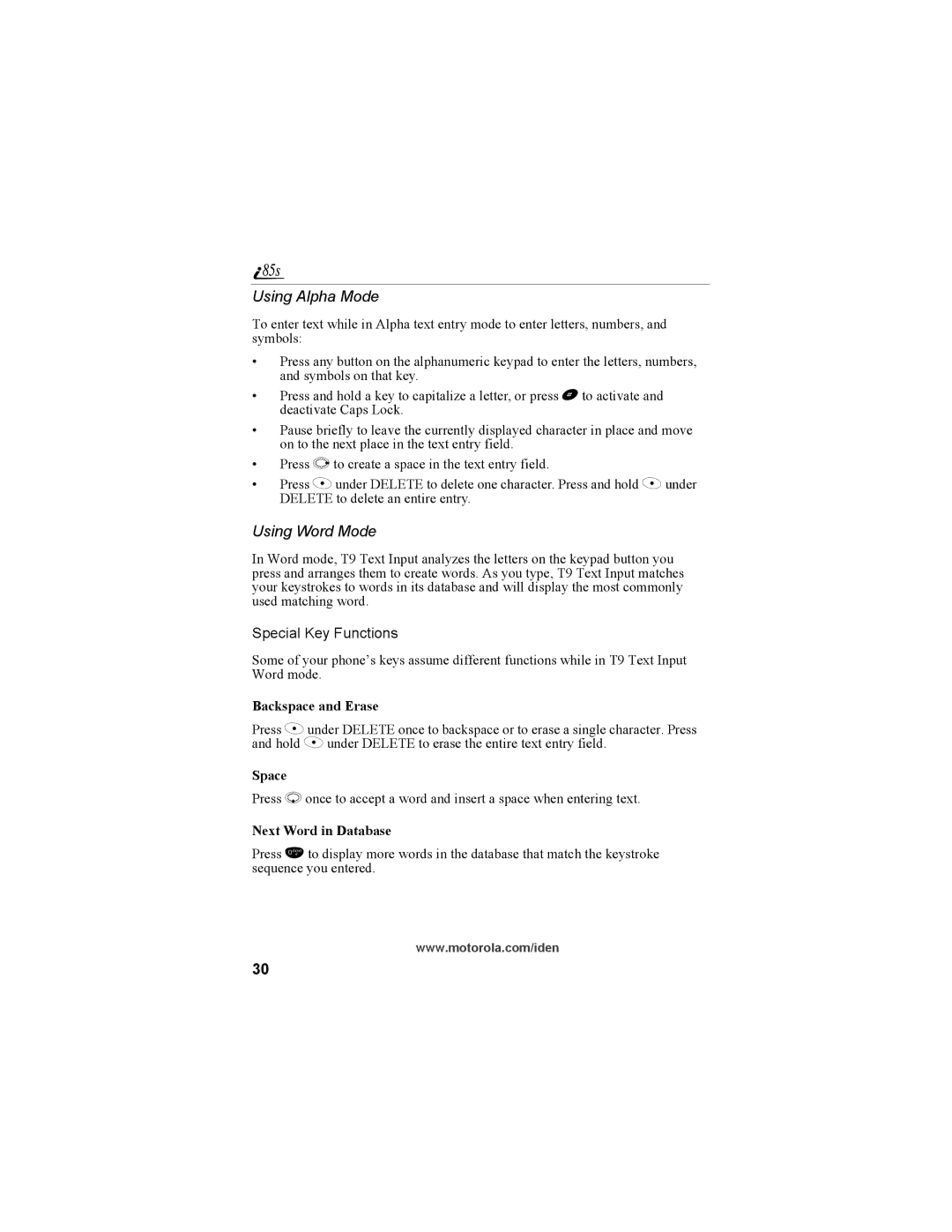 Motorola NTN9468-B manual Using Alpha Mode, Using Word Mode, Backspace and Erase, Space, Next Word in Database 