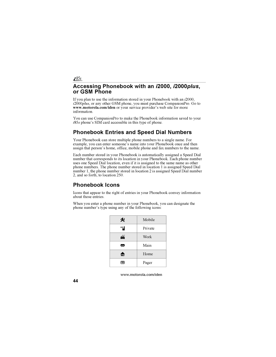 Motorola NTN9468-B Accessing Phonebook with an i2000, i2000plus, or GSM Phone, Phonebook Entries and Speed Dial Numbers 