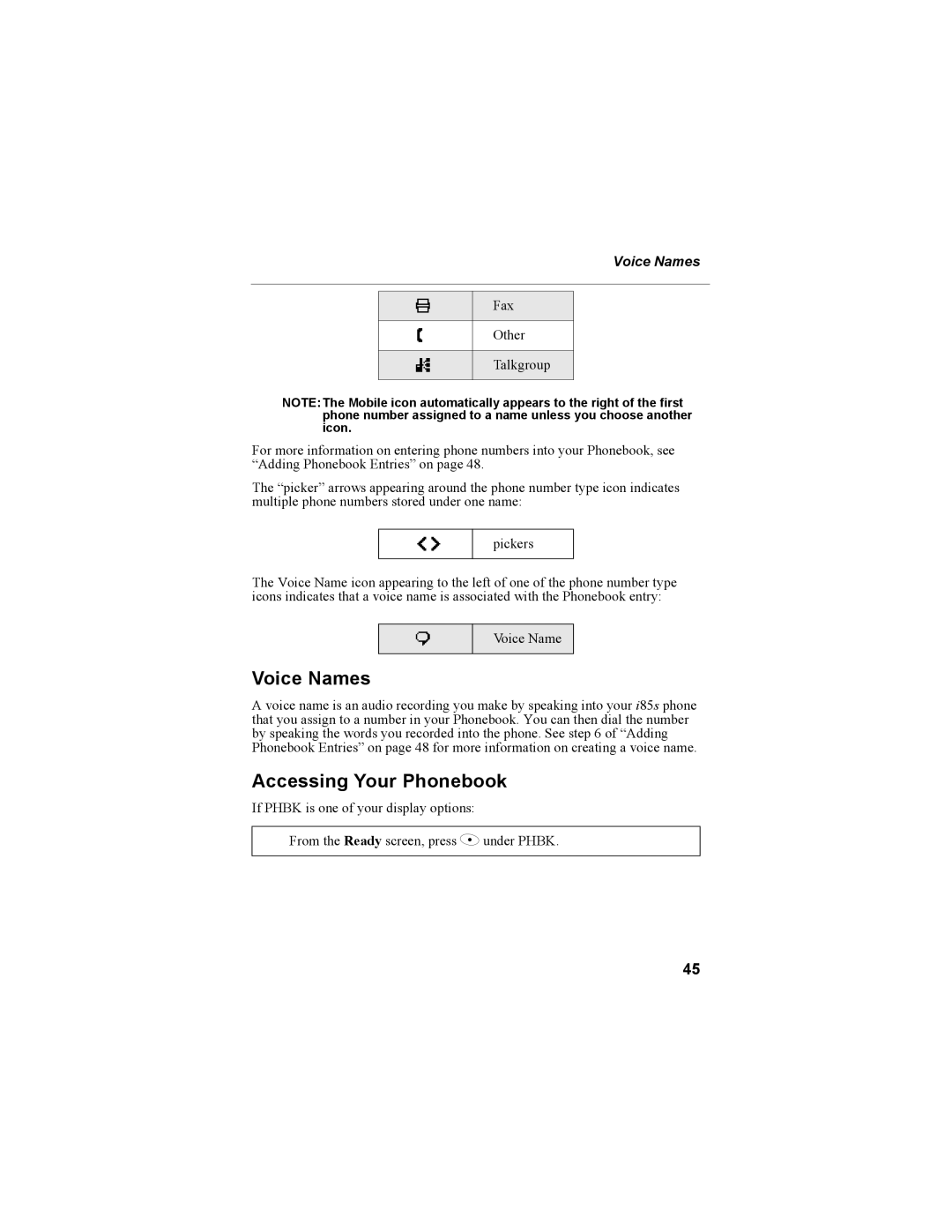 Motorola NTN9468-B manual Voice Names, Accessing Your Phonebook 