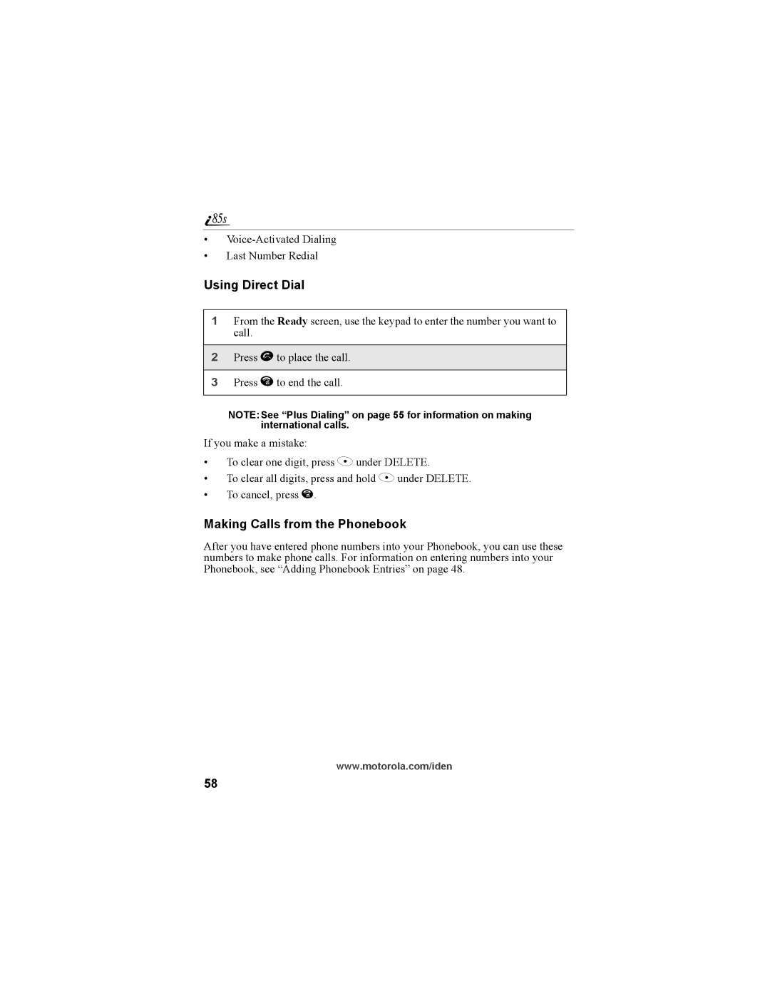 Motorola NTN9468-B manual Using Direct Dial, Making Calls from the Phonebook 