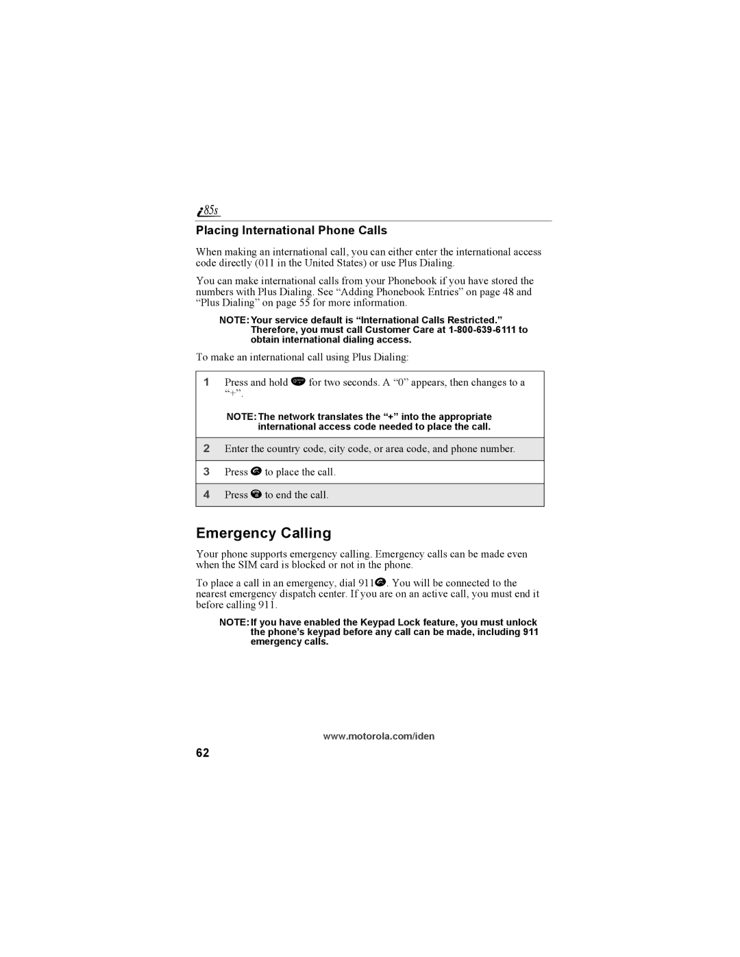 Motorola NTN9468-B manual Emergency Calling, Placing International Phone Calls 