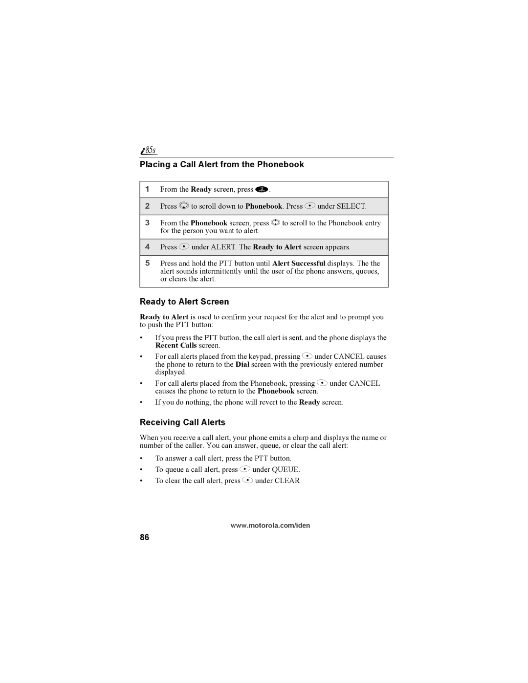 Motorola NTN9468-B manual Placing a Call Alert from the Phonebook, Ready to Alert Screen, Receiving Call Alerts 