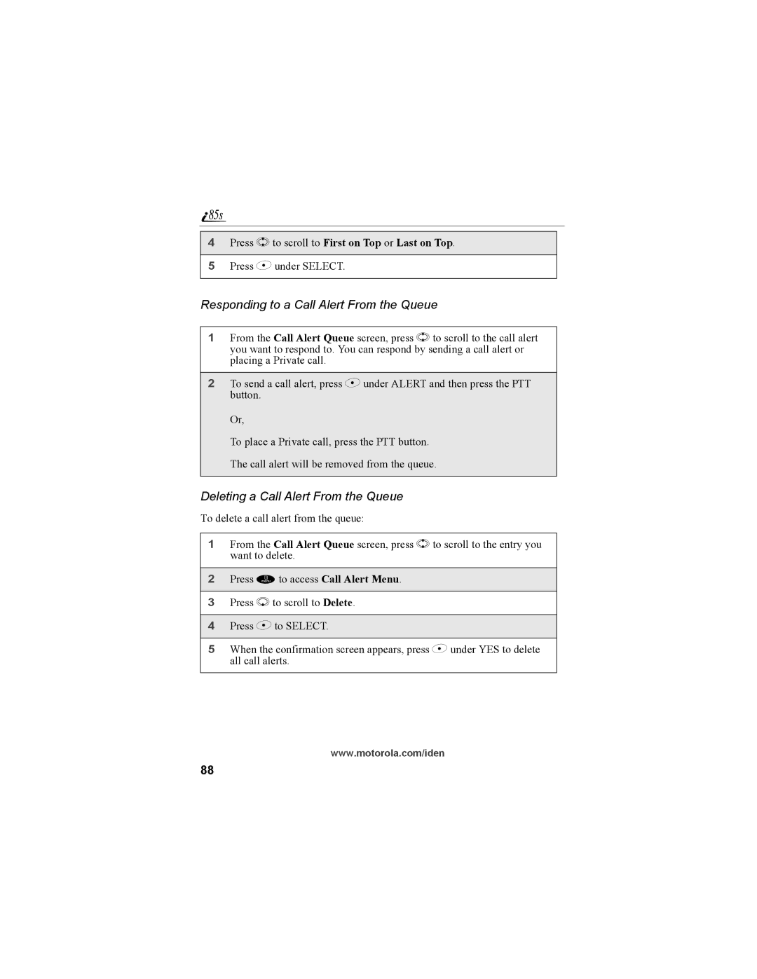 Motorola NTN9468-B manual Responding to a Call Alert From the Queue, Deleting a Call Alert From the Queue 