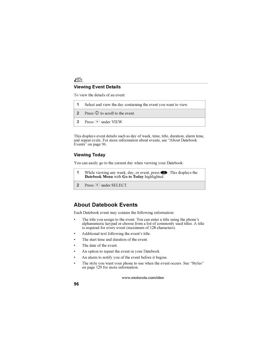 Motorola NTN9468-B manual About Datebook Events, Viewing Event Details, Viewing Today 