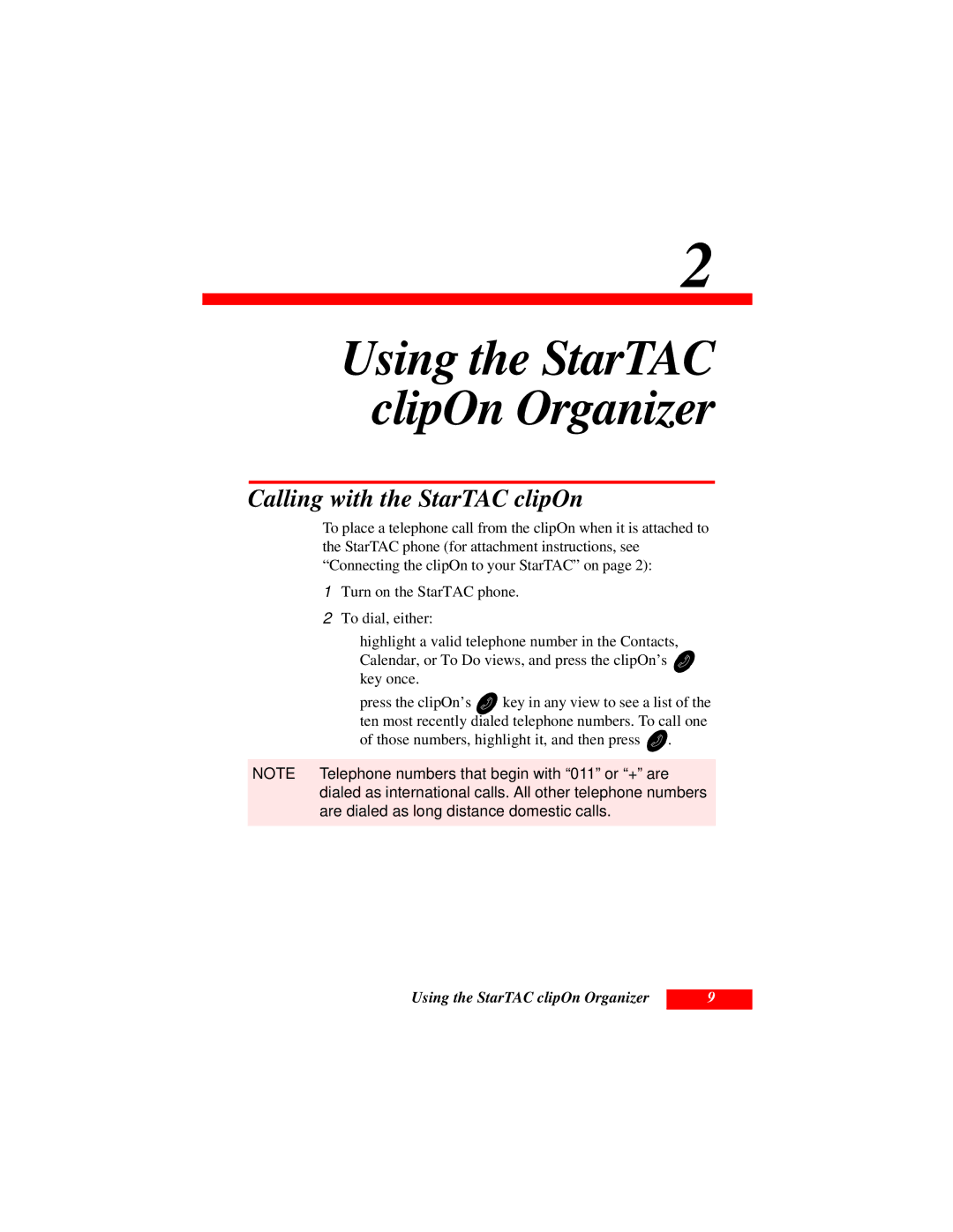 Motorola manual Calling with the StarTAC clipOn, Using the StarTAC clipOn Organizer 