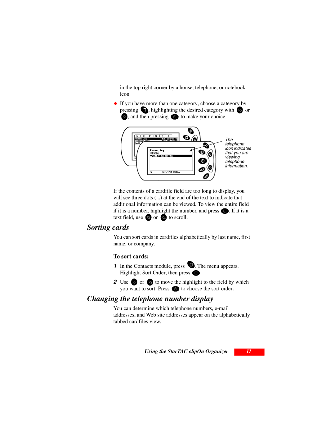 Motorola Organizer manual Sorting cards, Changing the telephone number display, To sort cards 