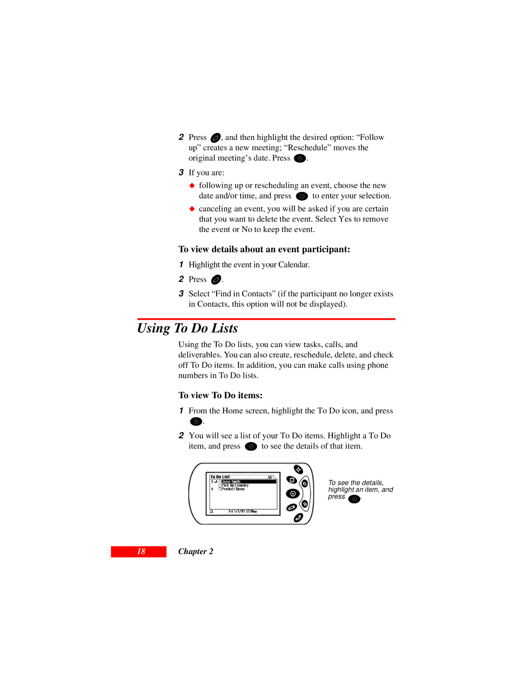 Motorola Organizer manual Using To Do Lists, To view details about an event participant, To view To Do items 