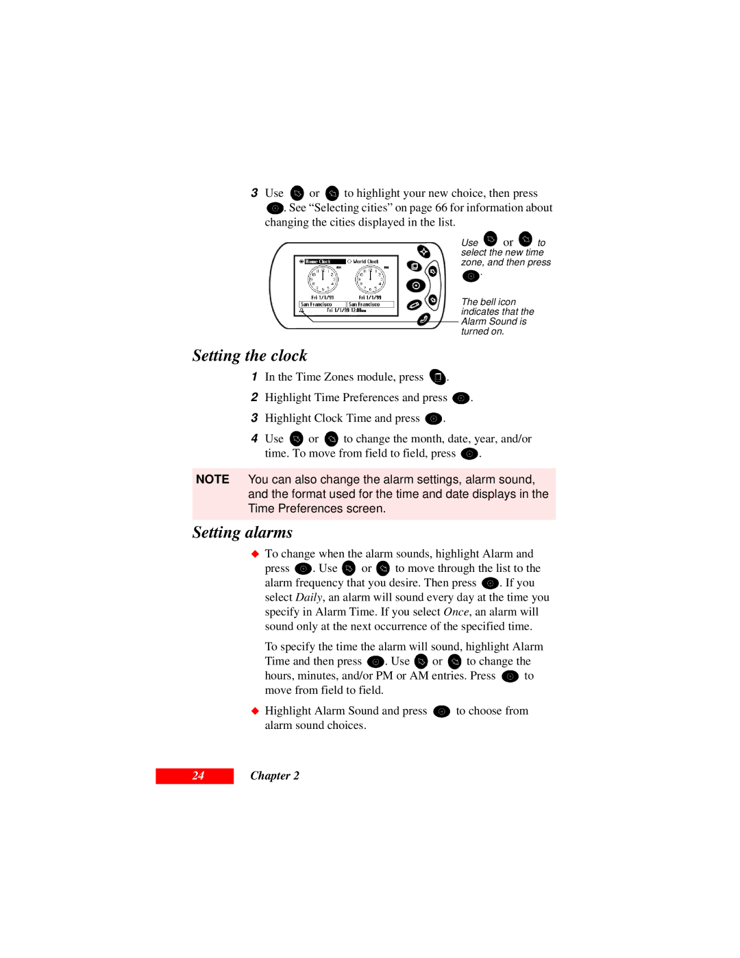 Motorola Organizer manual Setting the clock, Setting alarmsã 