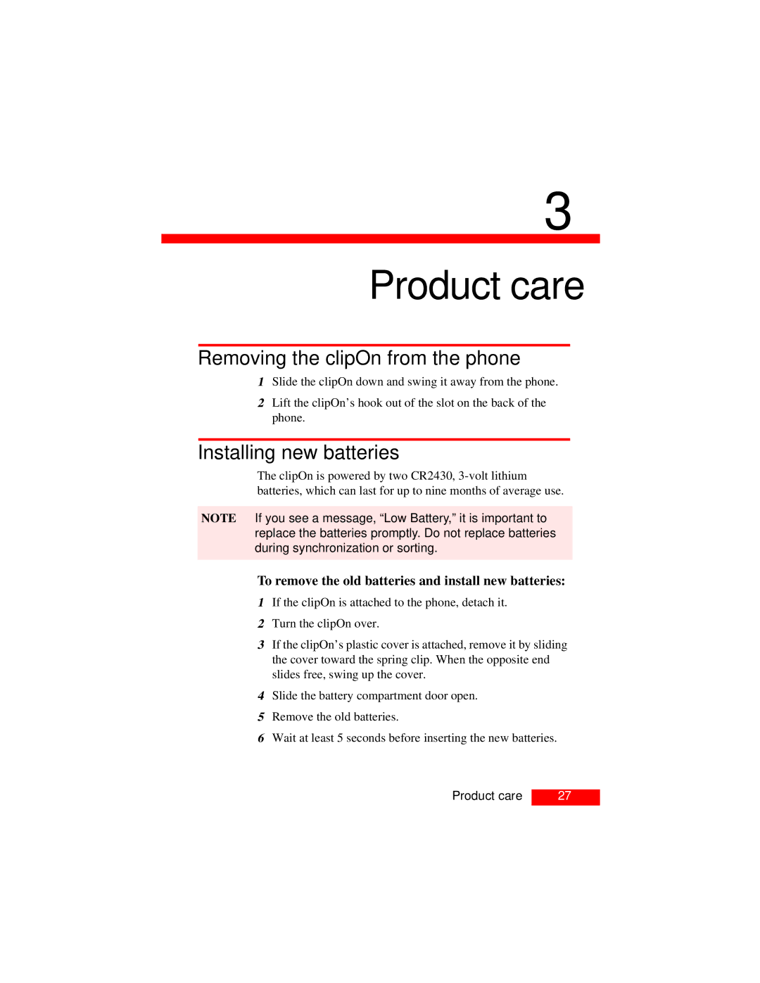 Motorola Organizer manual Removing the clipOn from the phone, Installing new batteries, Product care 