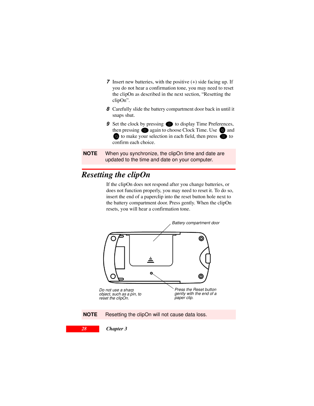 Motorola Organizer manual Resetting the clipOn 