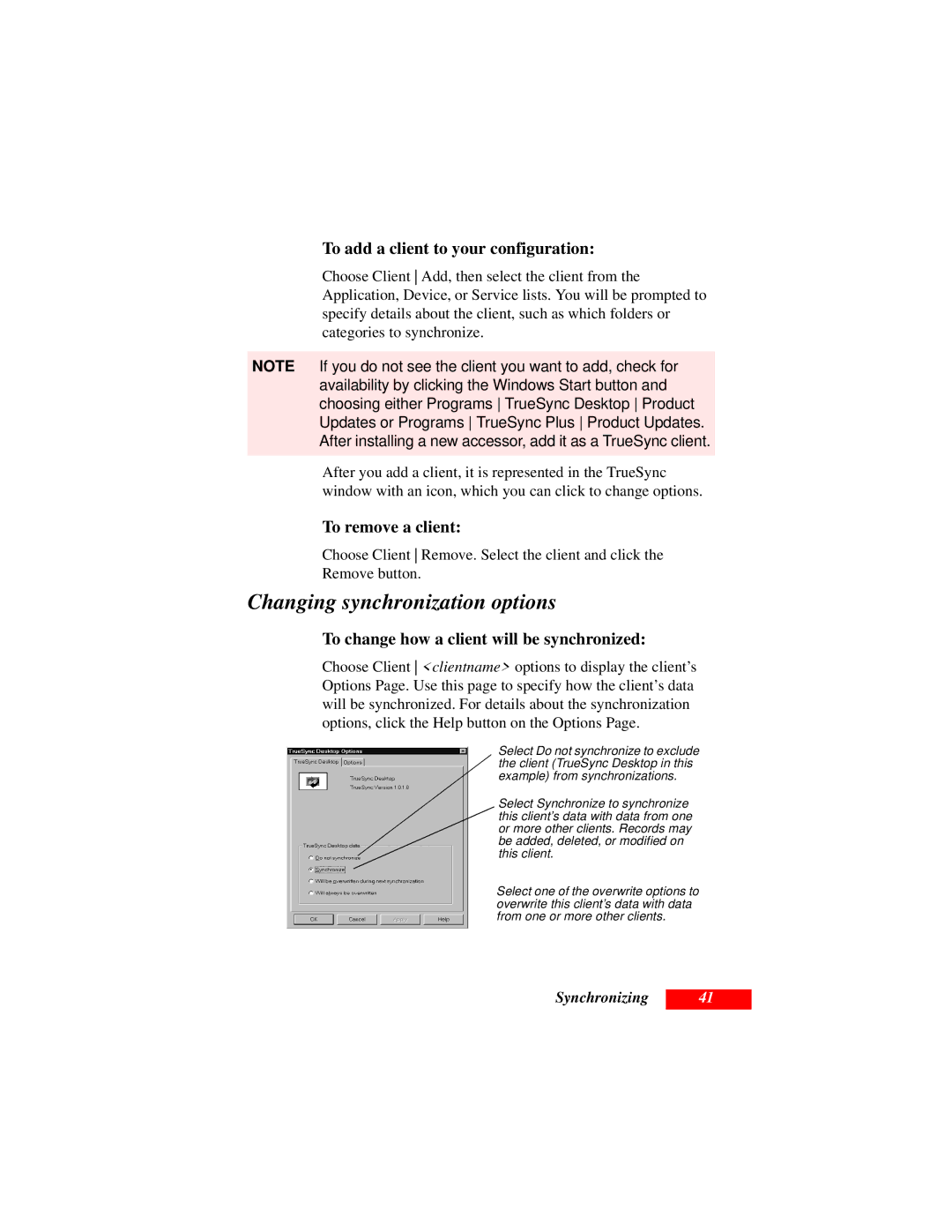 Motorola Organizer manual Changing synchronization options, To add a client to your configuration, To remove a client 