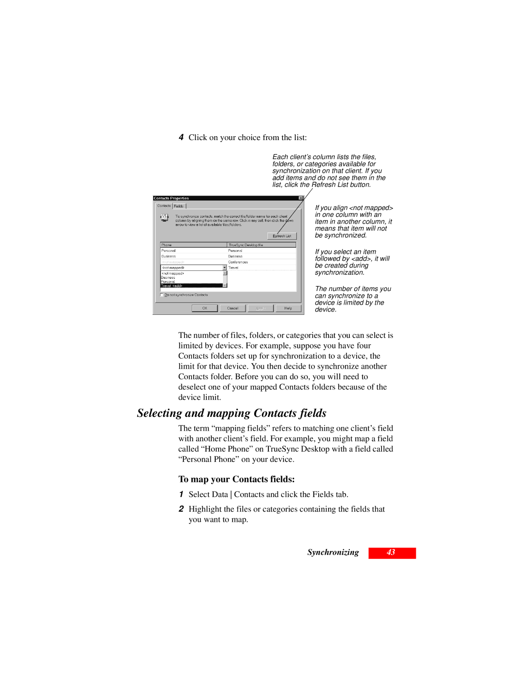 Motorola Organizer manual Selecting and mapping Contacts fields, To map your Contacts fields 