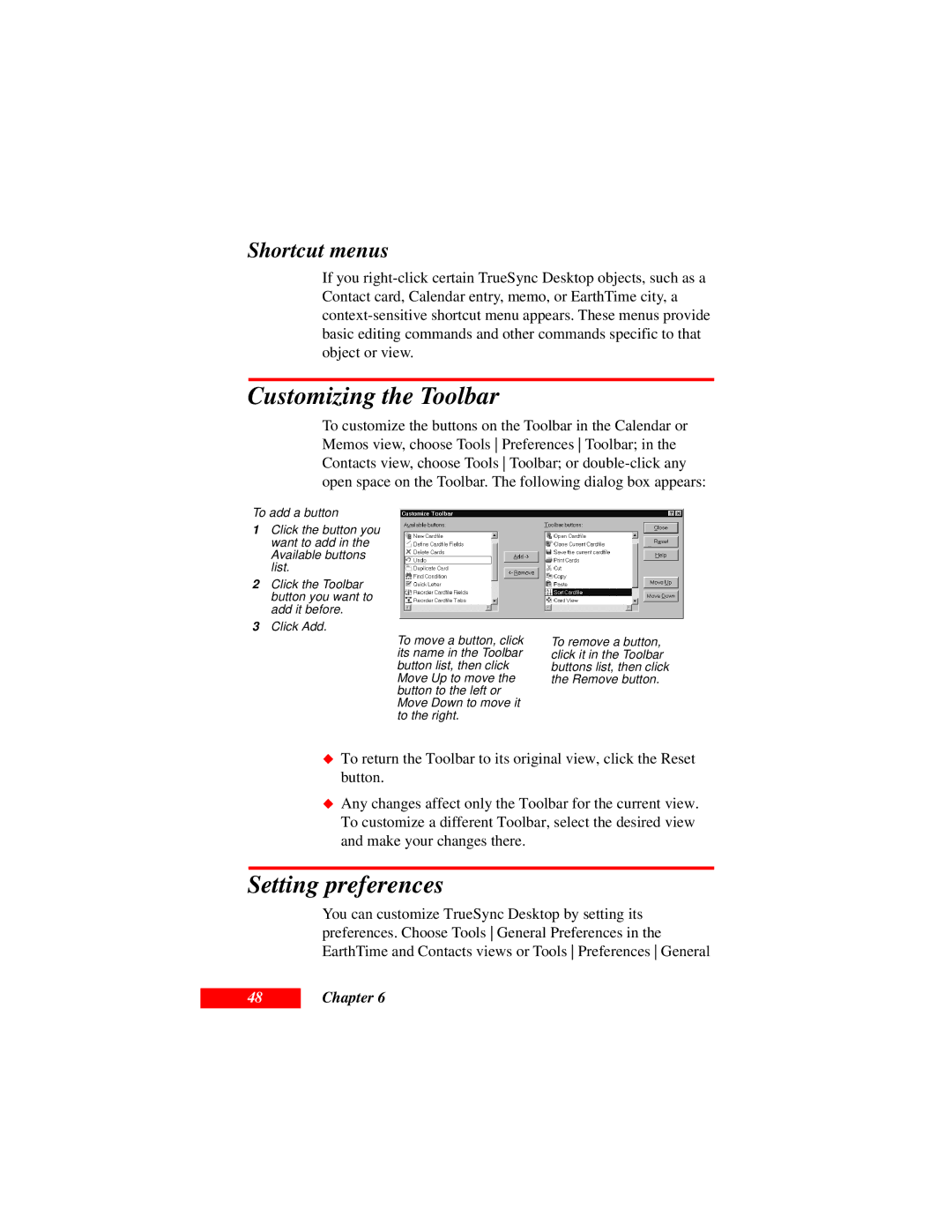 Motorola Organizer manual Customizing the Toolbar, Setting preferences, Shortcut menus 