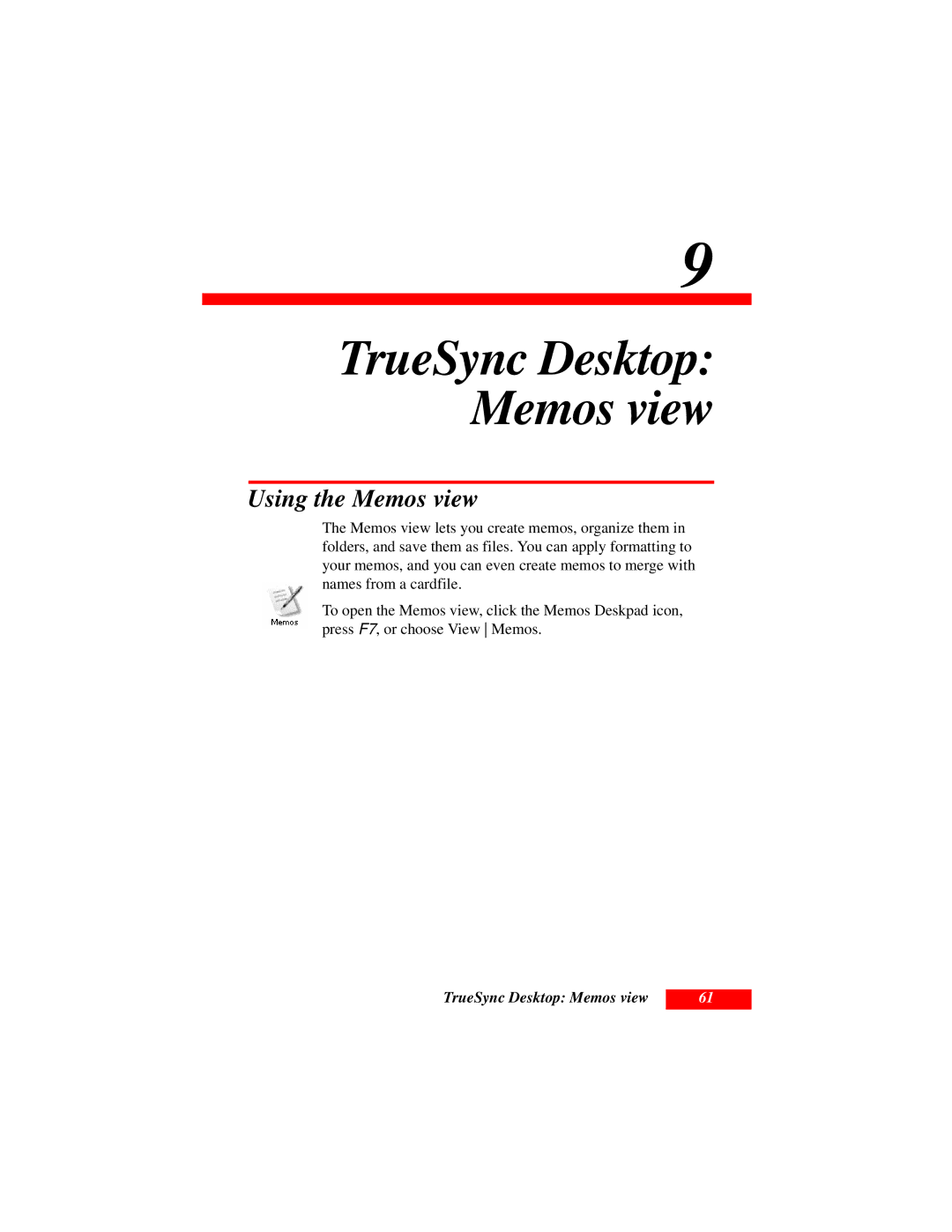 Motorola Organizer manual Using the Memos view, TrueSync Desktop Memos view 