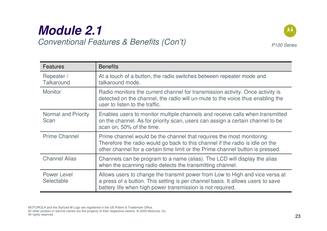 Motorola P100 manual Conventional Features & Benefits Con’t 