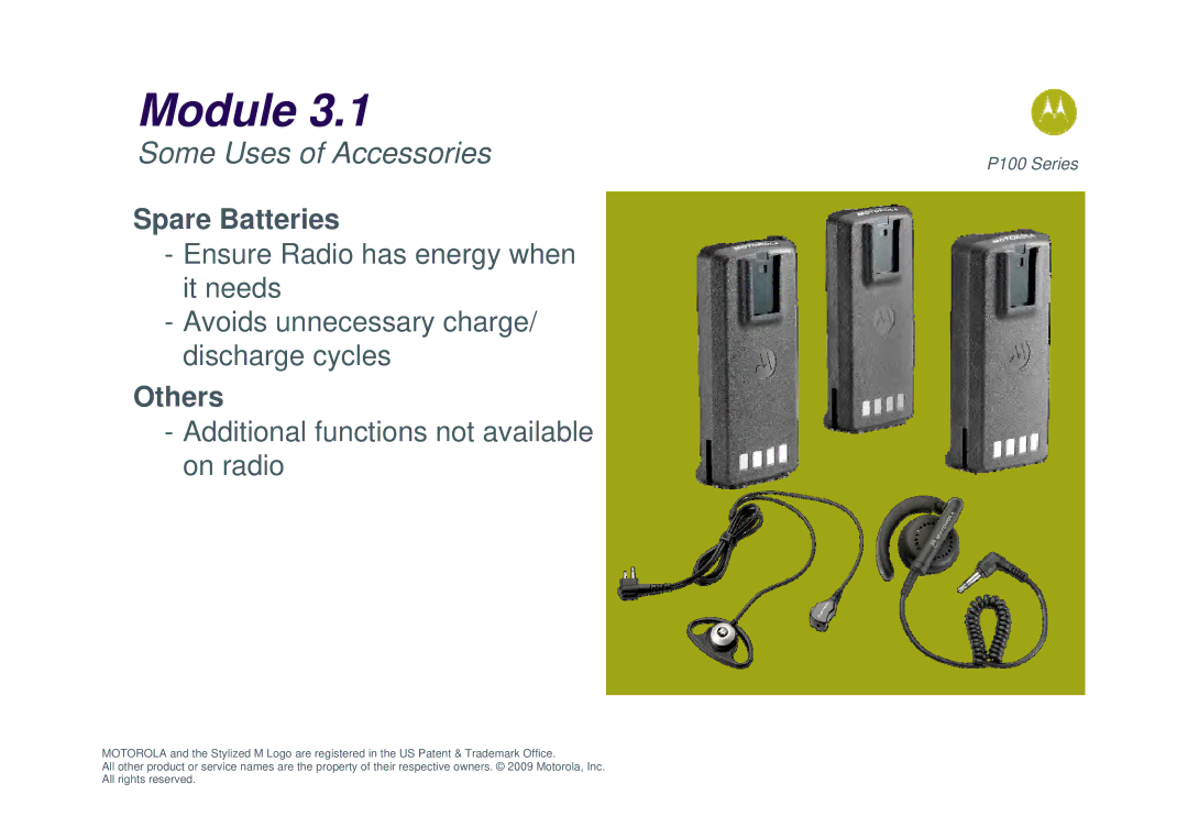 Motorola P100 manual Spare Batteries, Others 