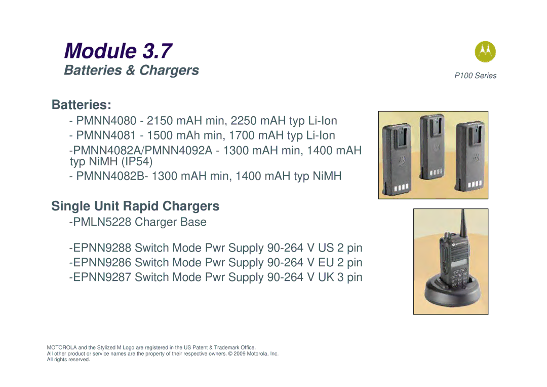 Motorola P100 manual Batteries & Chargers, Single Unit Rapid Chargers 