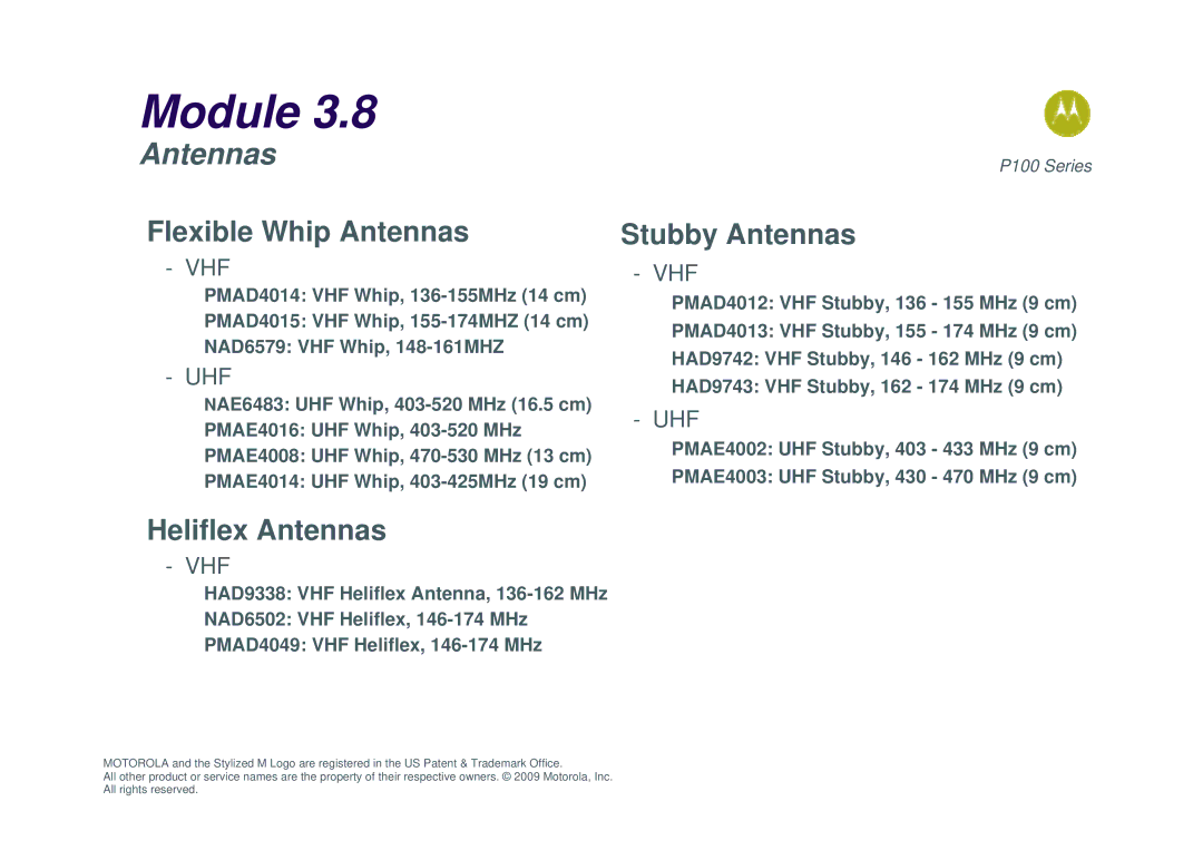 Motorola P100 manual Flexible Whip Antennas, Heliflex Antennas, Stubby Antennas 