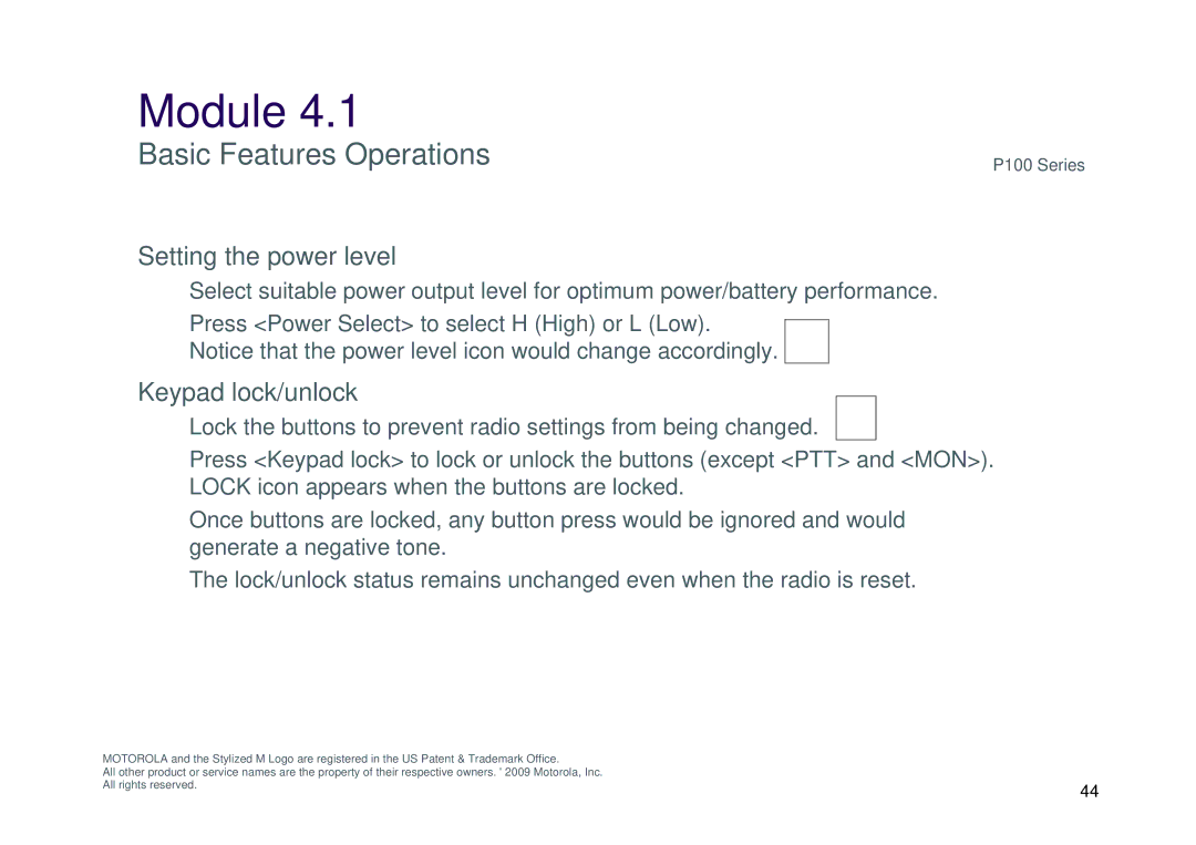 Motorola P100 manual Setting the power level 