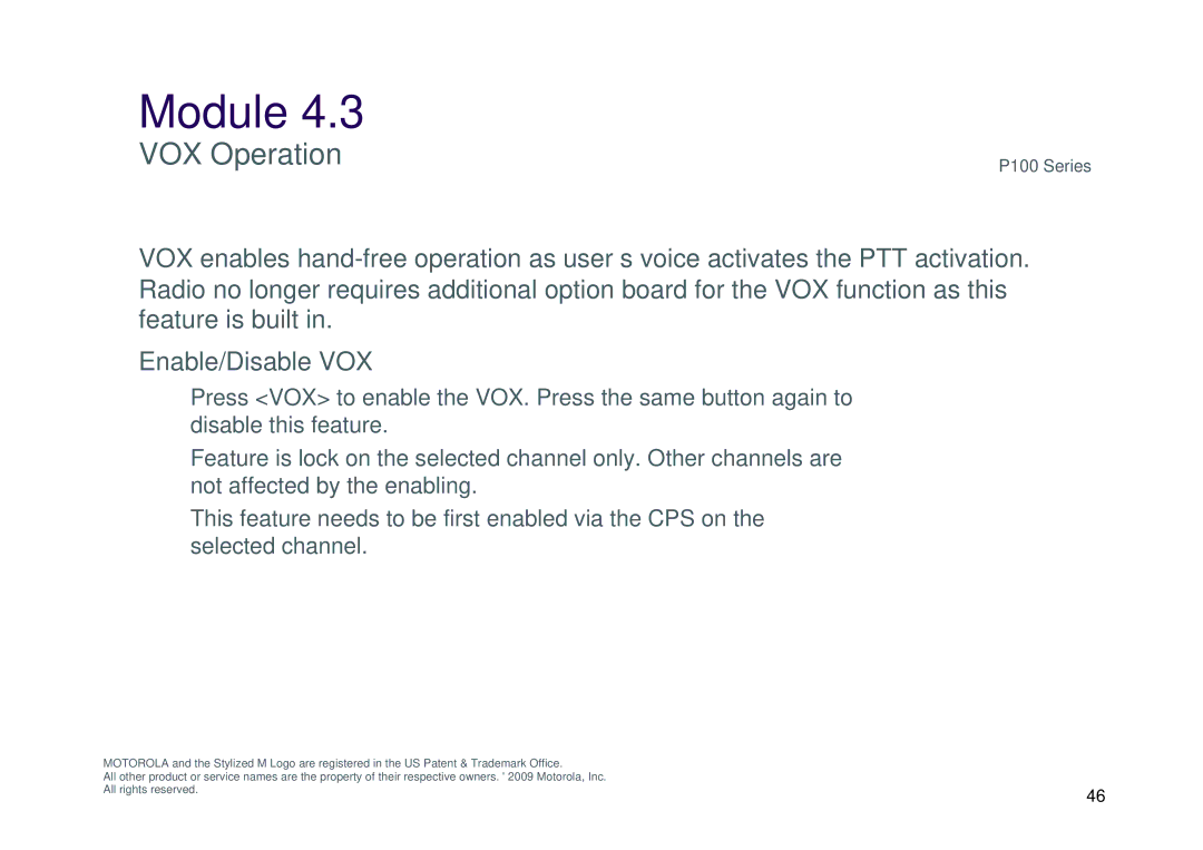 Motorola P100 manual VOX Operation, Enable/Disable VOX 