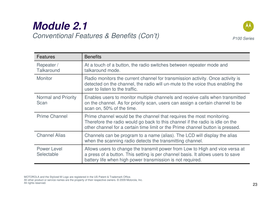 Motorola P100 manual Conventional Features & Benefits Con’t, Module 