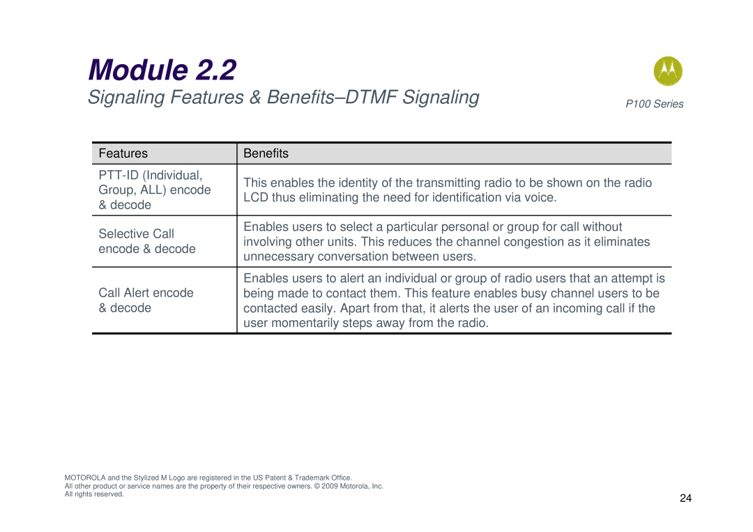 Motorola P100 manual Signaling Features & Benefits-DTMF Signaling, Module 