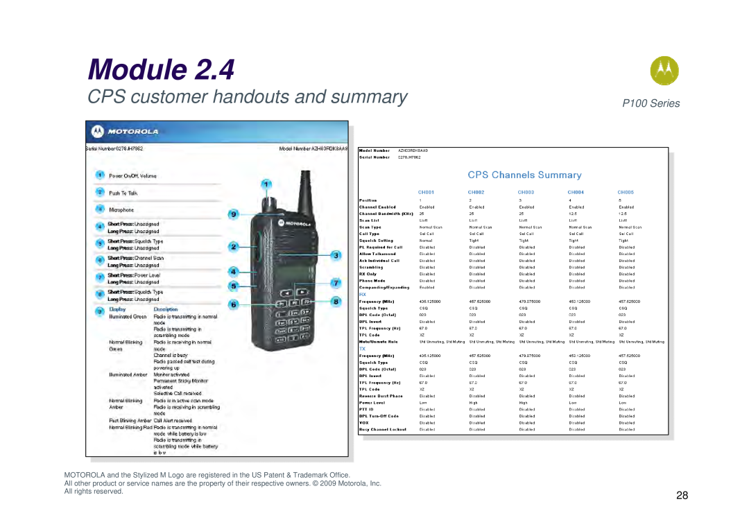 Motorola P100 manual CPS customer handouts and summary, Module 