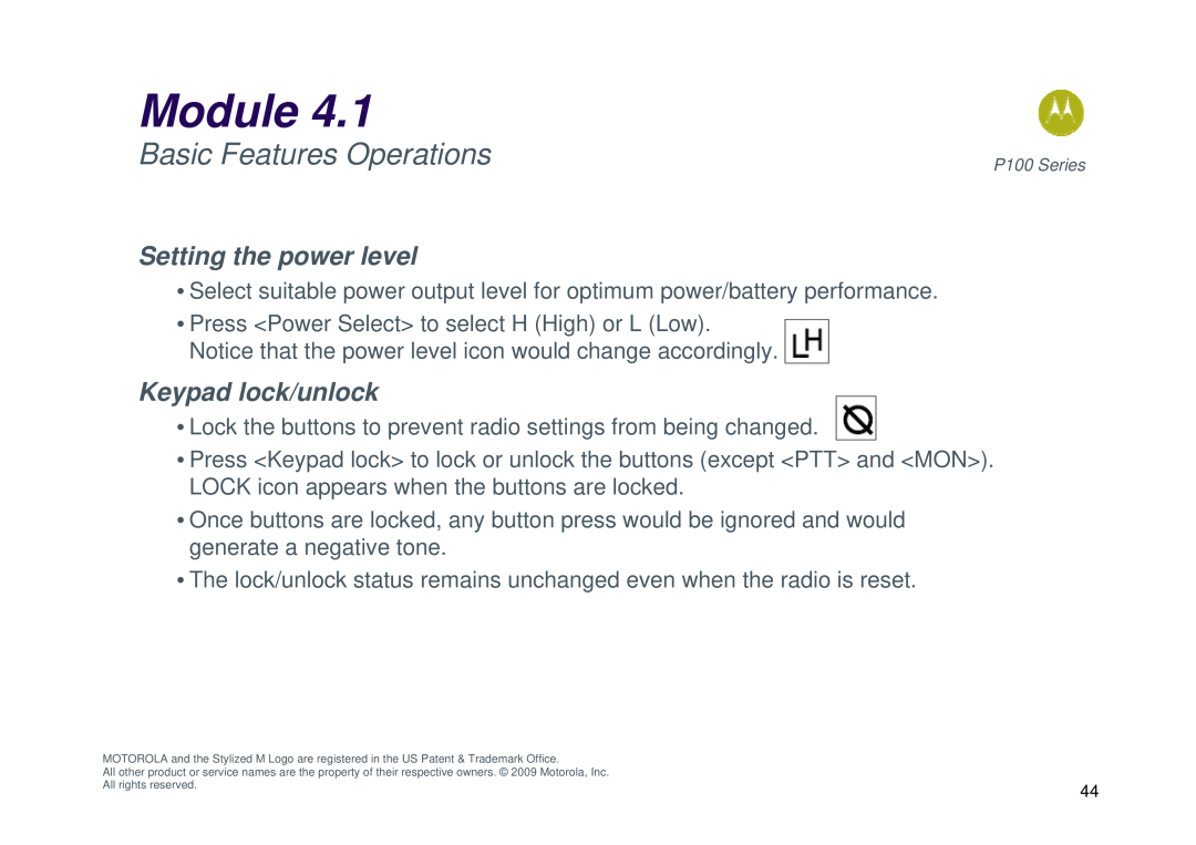 Motorola P100 manual Setting the power level, Keypad lock/unlock, Module, Basic Features Operations 