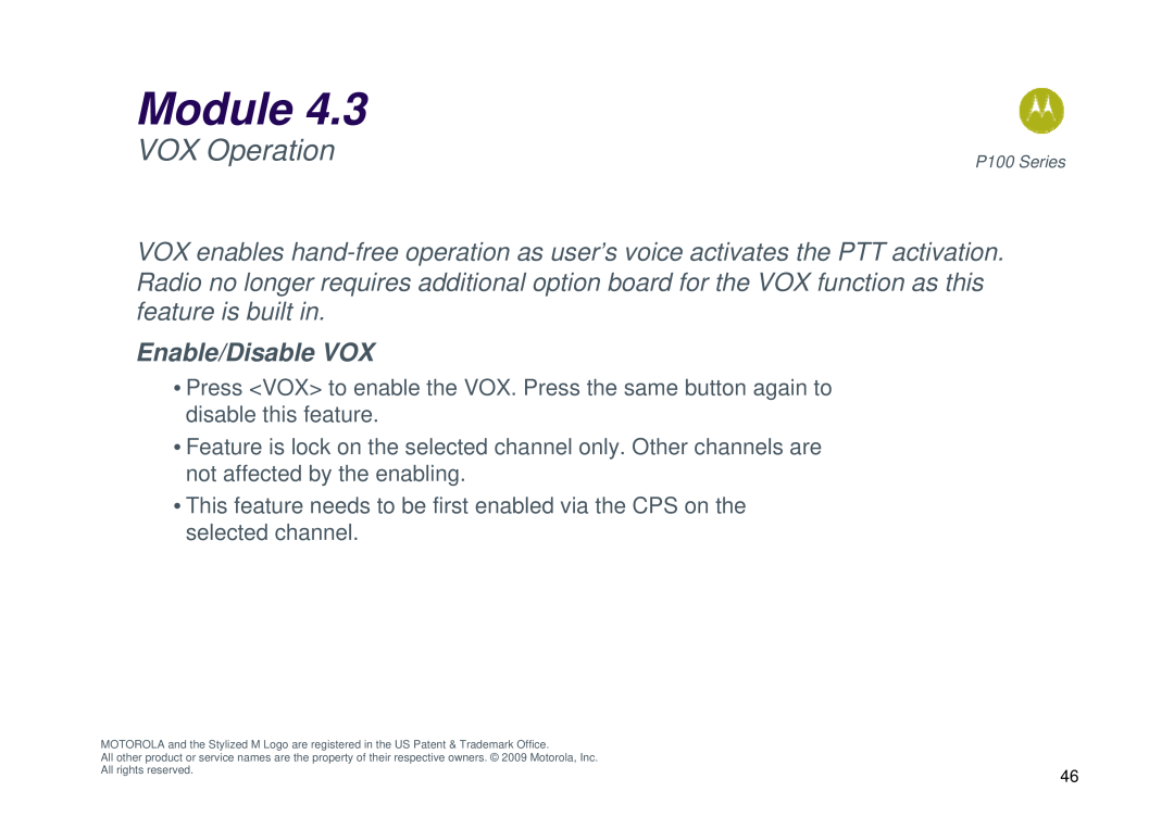 Motorola P100 manual VOX Operation, Enable/Disable VOX, Module 