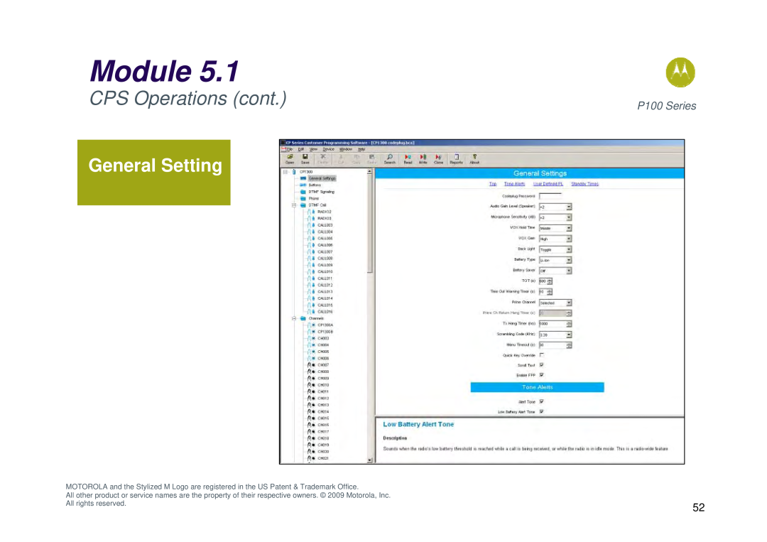 Motorola P100 manual General Setting, Module, CPS Operations cont 