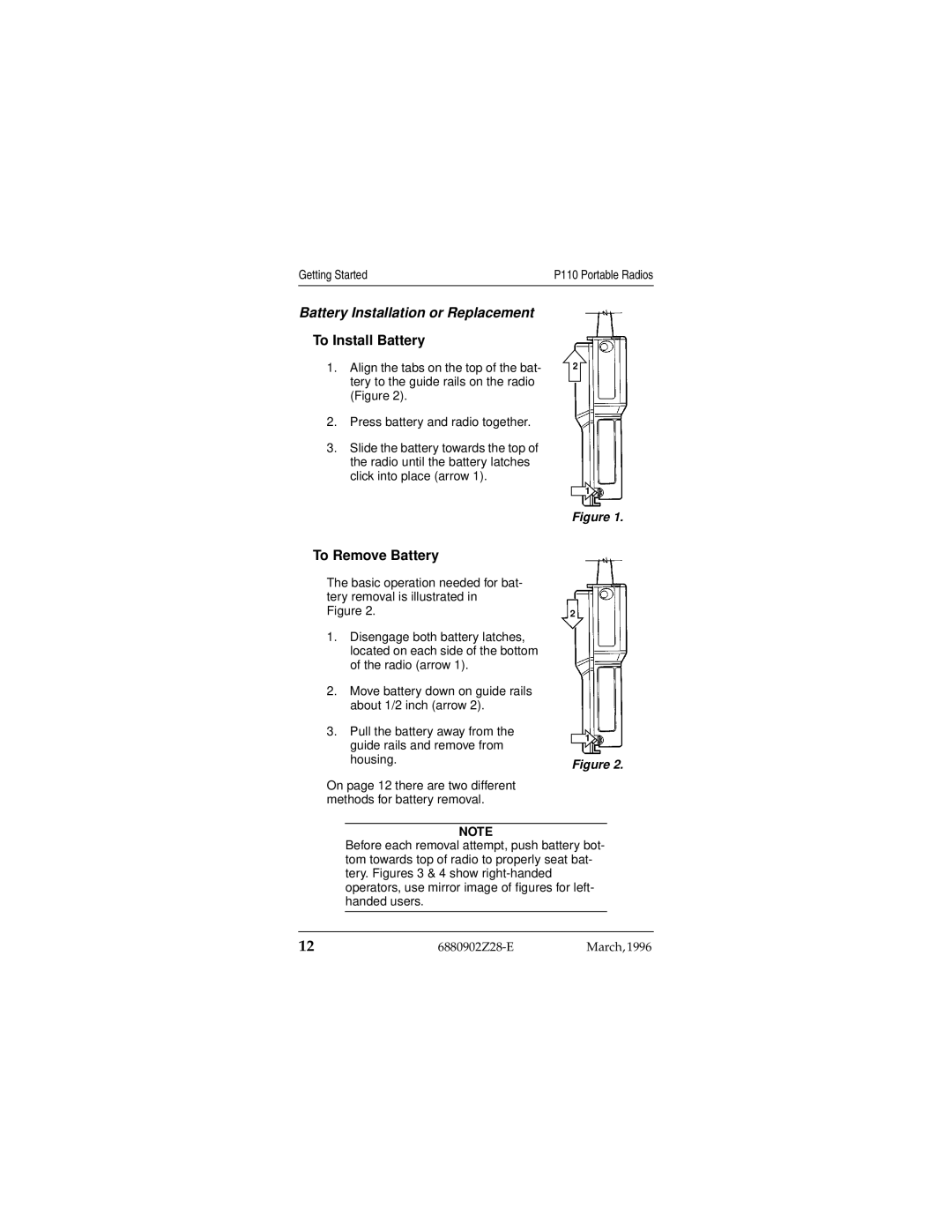 Motorola P110 operating instructions Battery Installation or Replacement, To Install Battery 