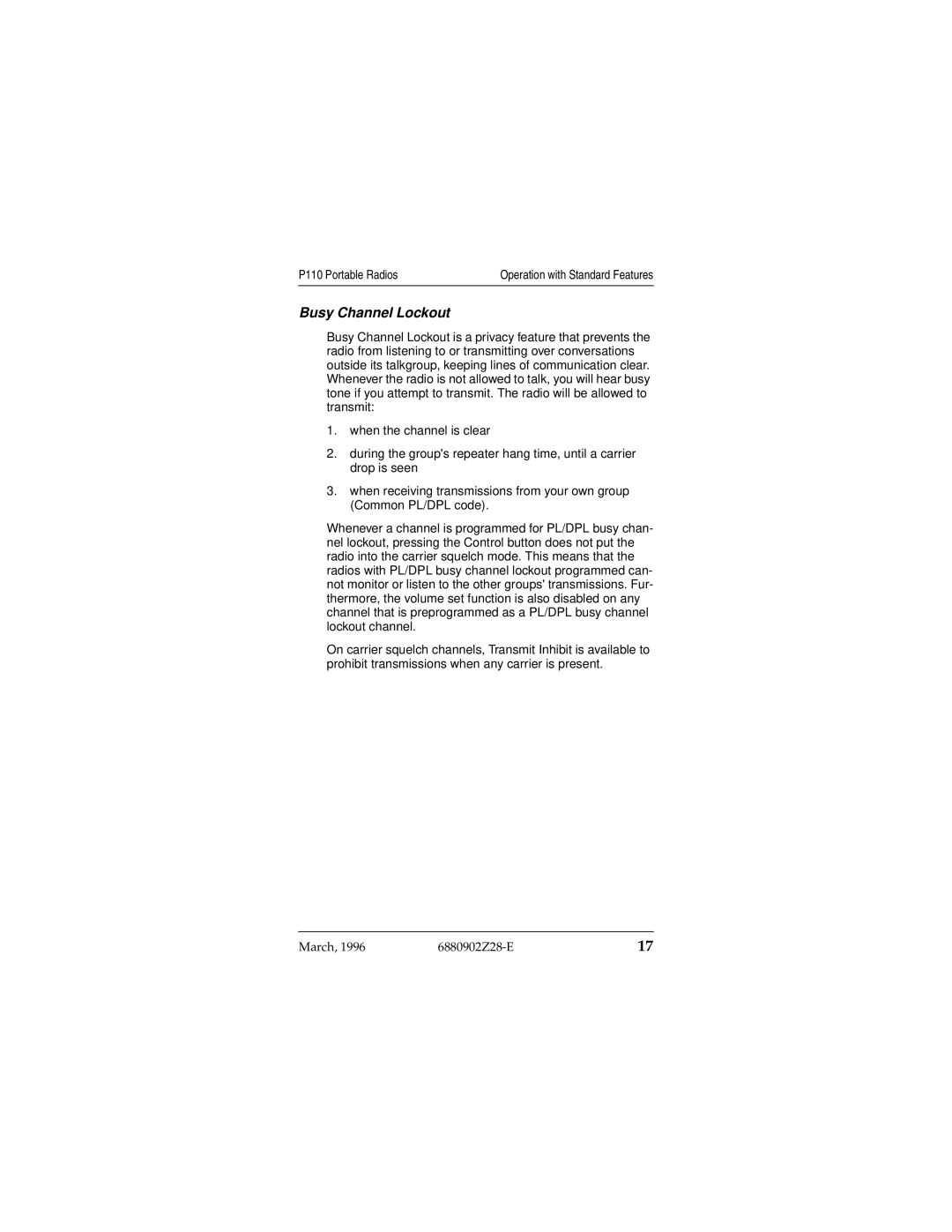 Motorola P110 operating instructions Busy Channel Lockout 