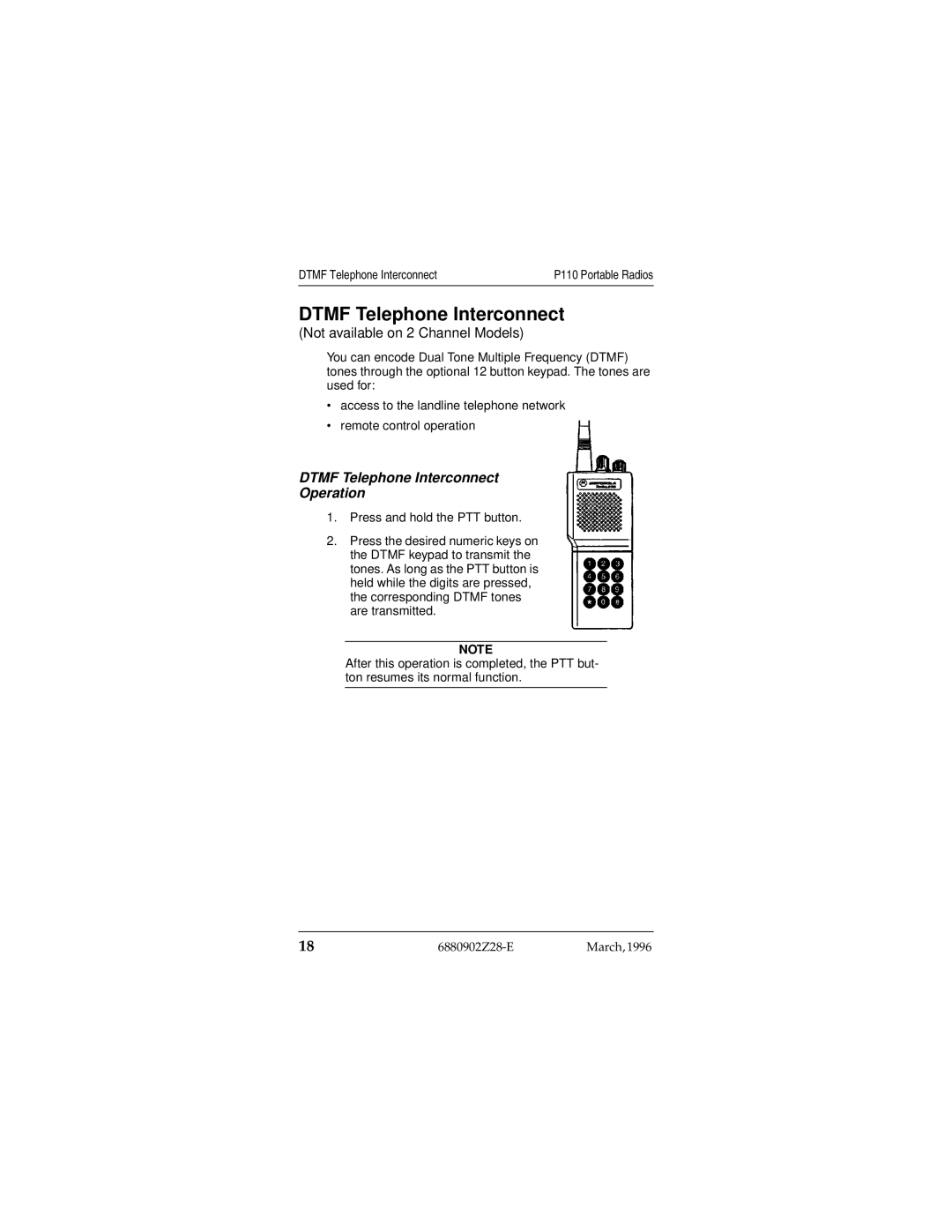 Motorola P110 operating instructions Dtmf Telephone Interconnect Operation 