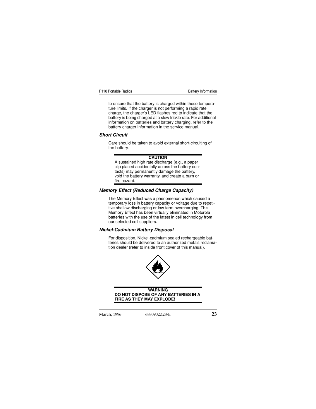 Motorola P110 operating instructions Short Circuit, Memory Effect Reduced Charge Capacity, Nickel-Cadmium Battery Disposal 