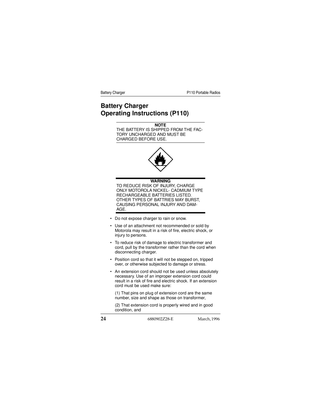 Motorola operating instructions Battery Charger Operating Instructions P110 