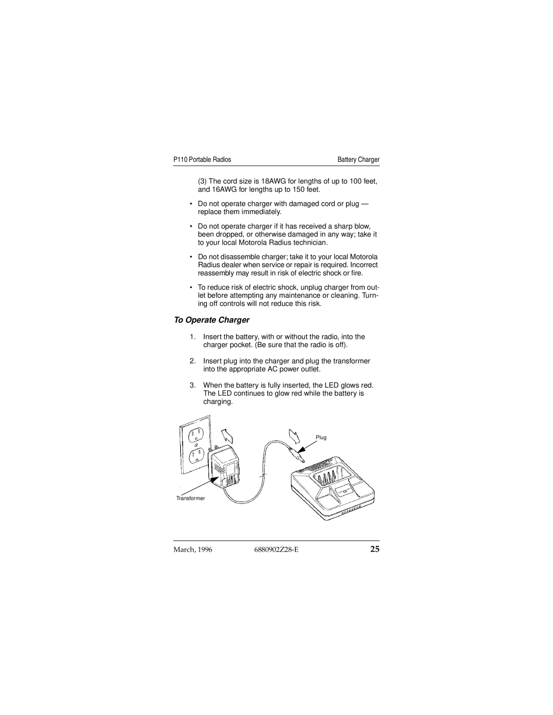 Motorola P110 operating instructions To Operate Charger 