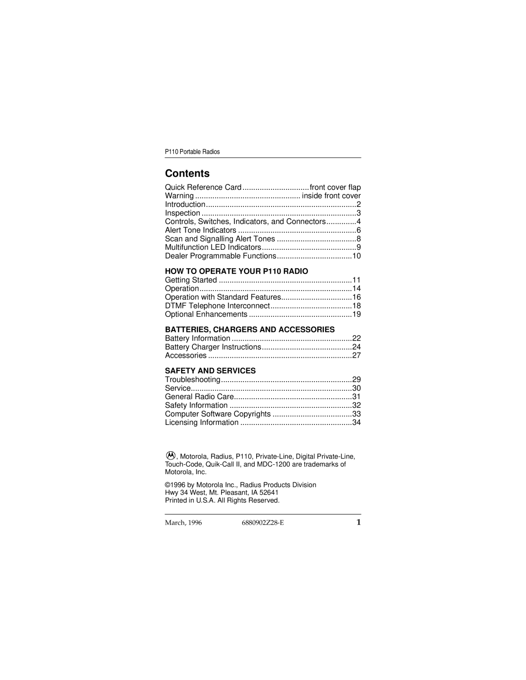 Motorola P110 operating instructions Contents 