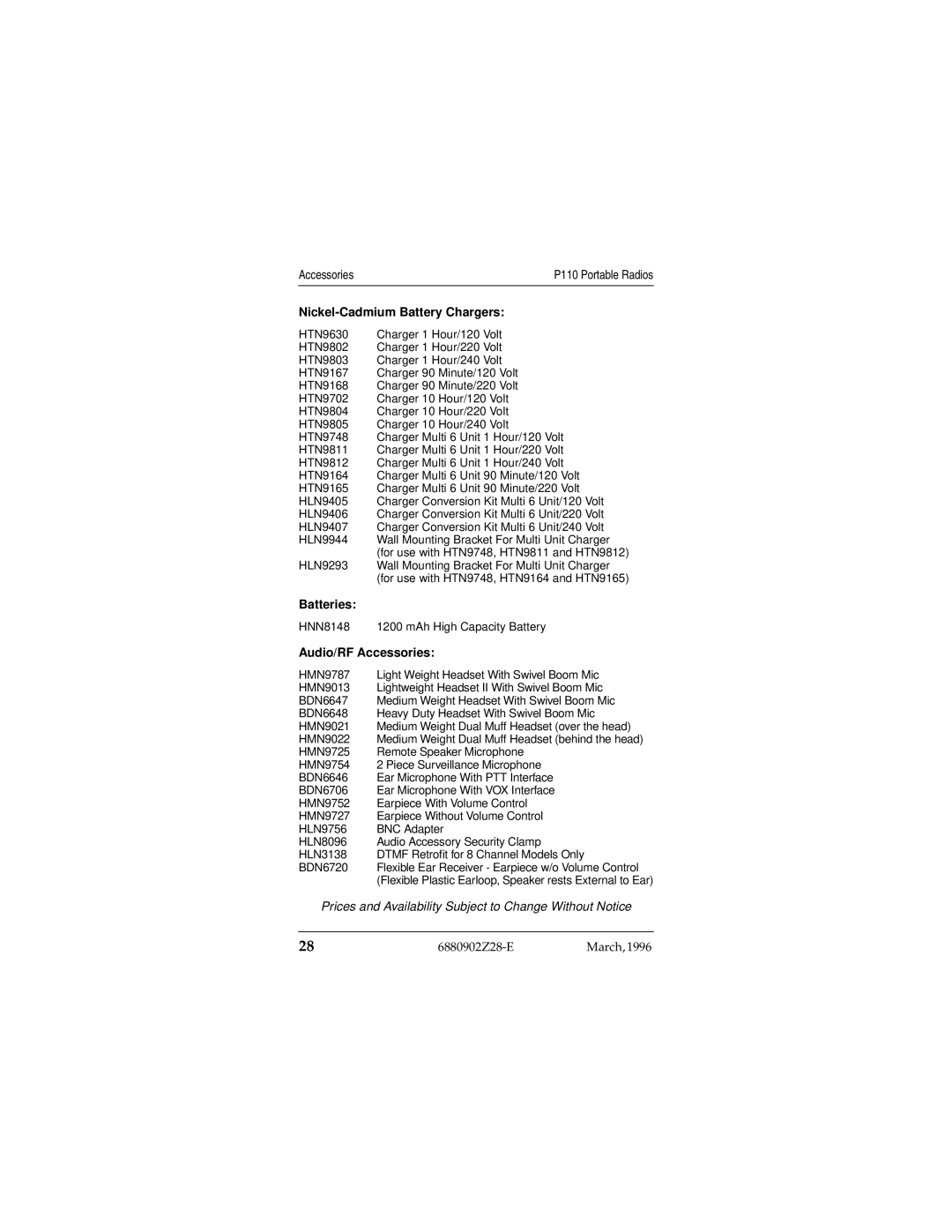 Motorola P110 operating instructions Nickel-Cadmium Battery Chargers, Batteries, Audio/RF Accessories 