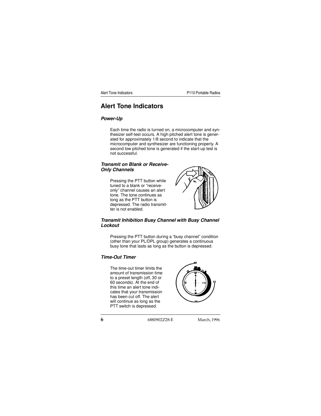 Motorola P110 Alert Tone Indicators, Power-Up, Transmit on Blank or Receive Only Channels, Time-Out Timer 